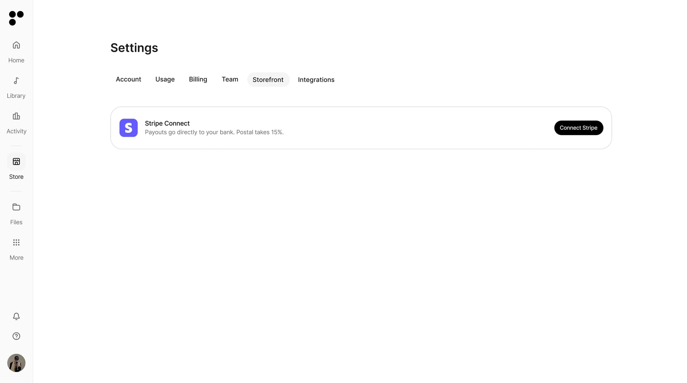 The Storefront settings page with the Connect Stripe button