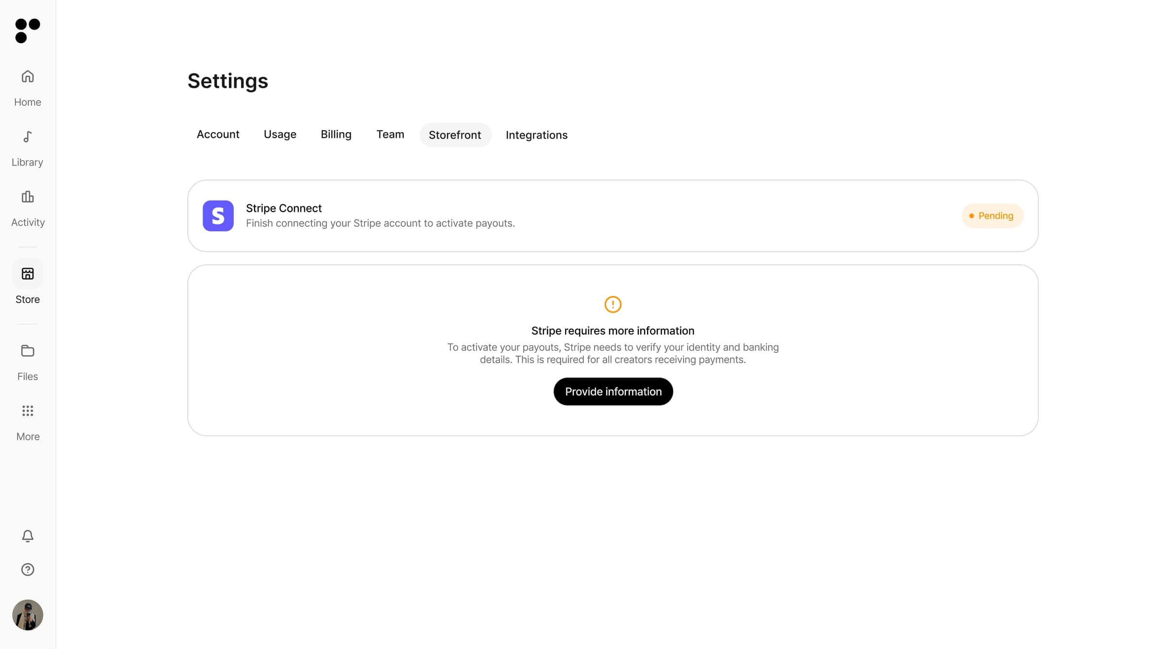 Storefront settings showing a pending Stripe status with the Provide information button