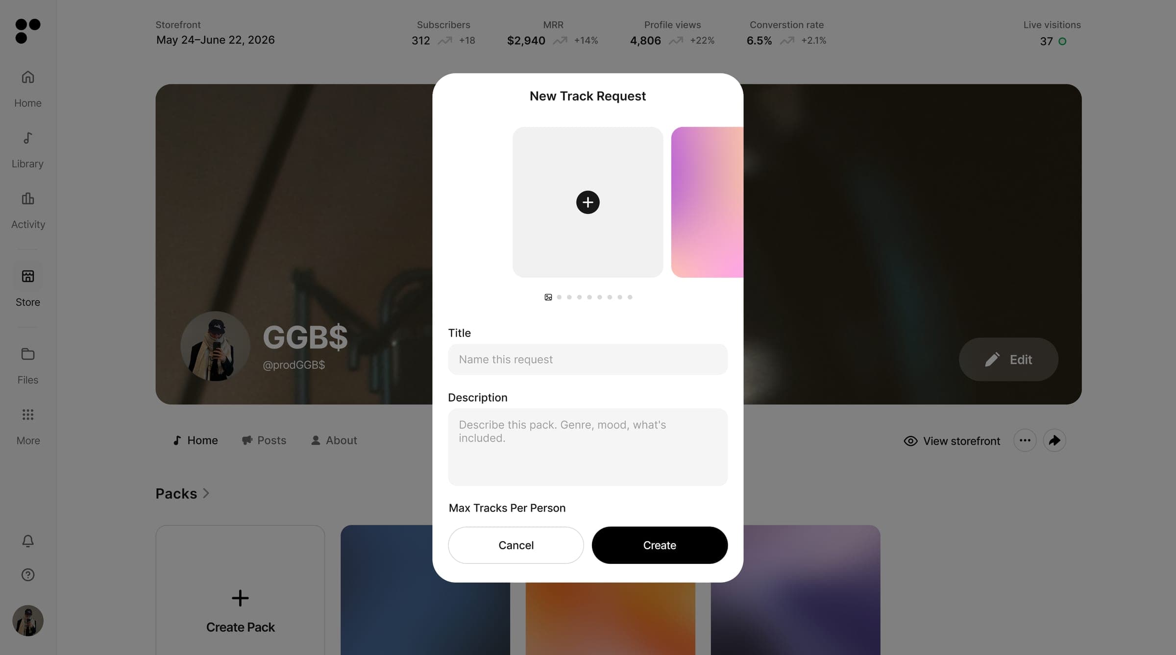 A track request on a storefront where subscribers can submit tracks