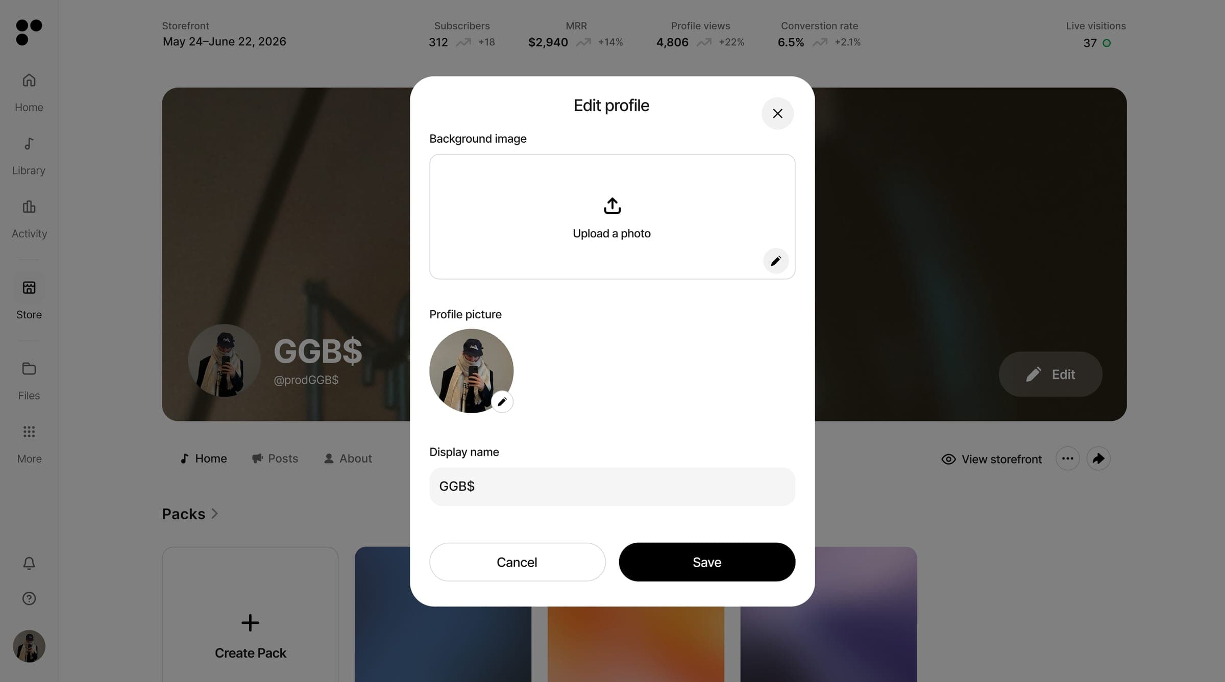 Profile settings with banner, profile picture, display name, handle, and bio