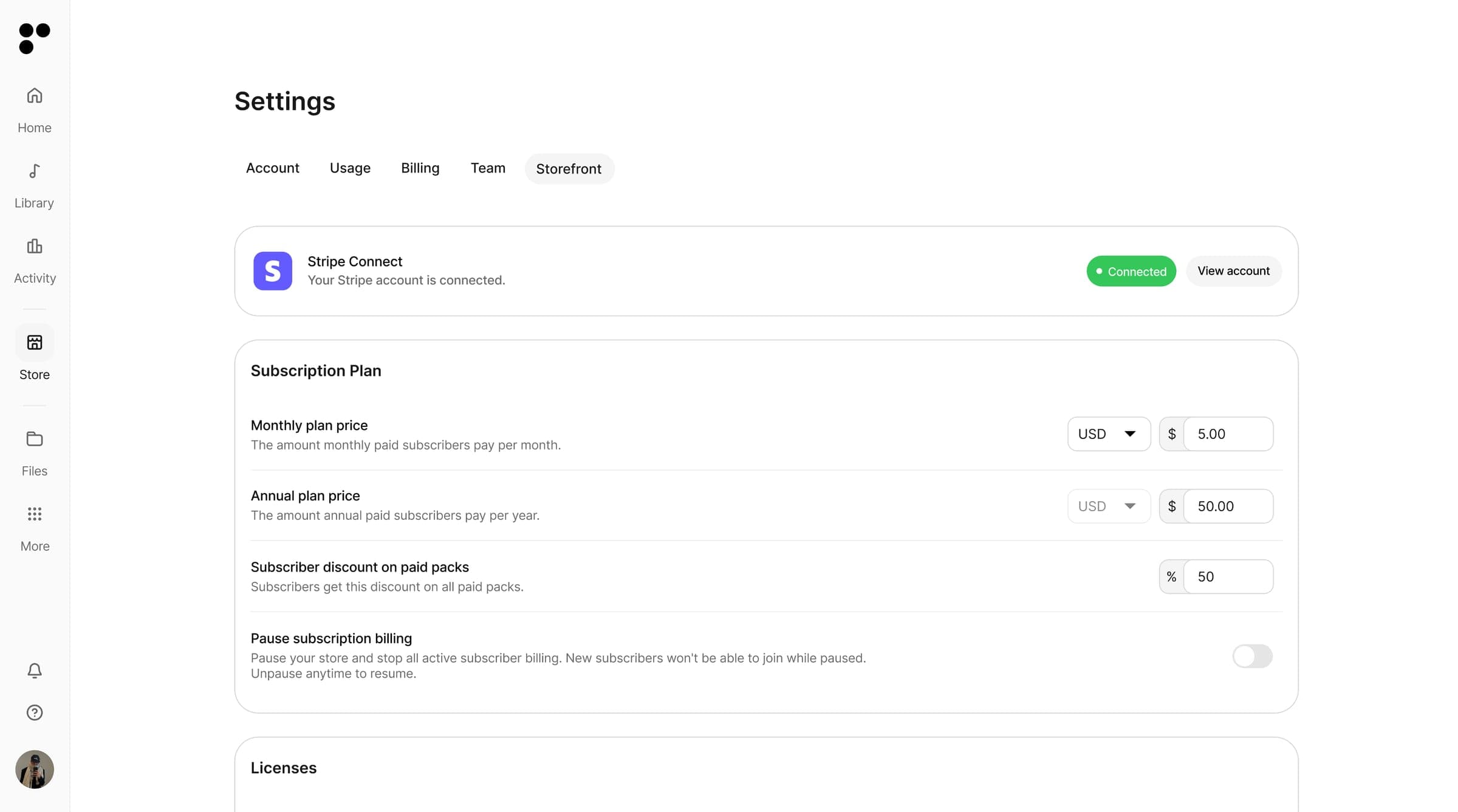 Subscription settings with monthly and yearly pricing and a subscriber discount