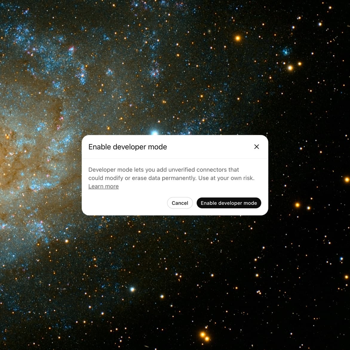 The ChatGPT advanced settings with Developer mode switched on