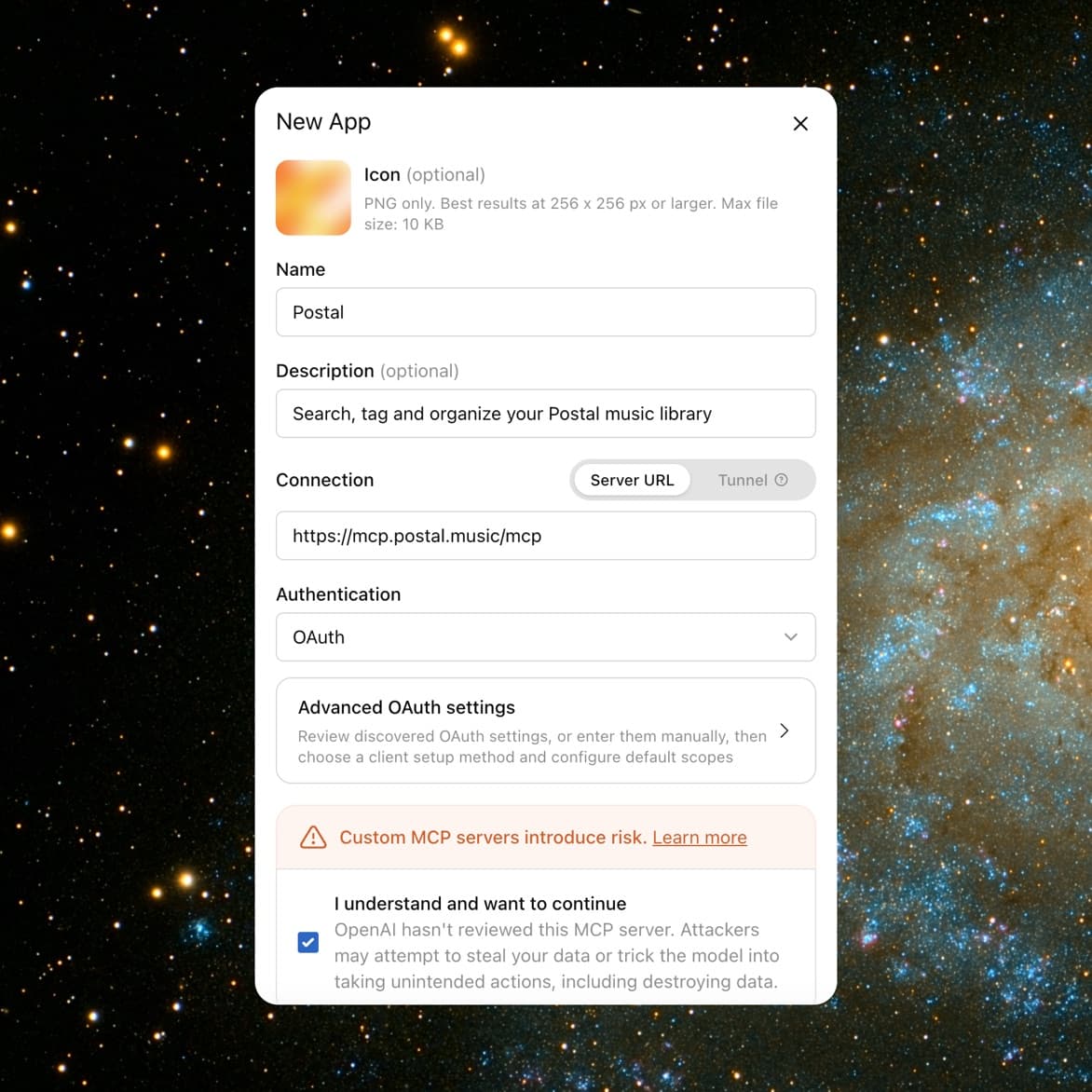 The ChatGPT new connector form with the name, description and server URL filled in