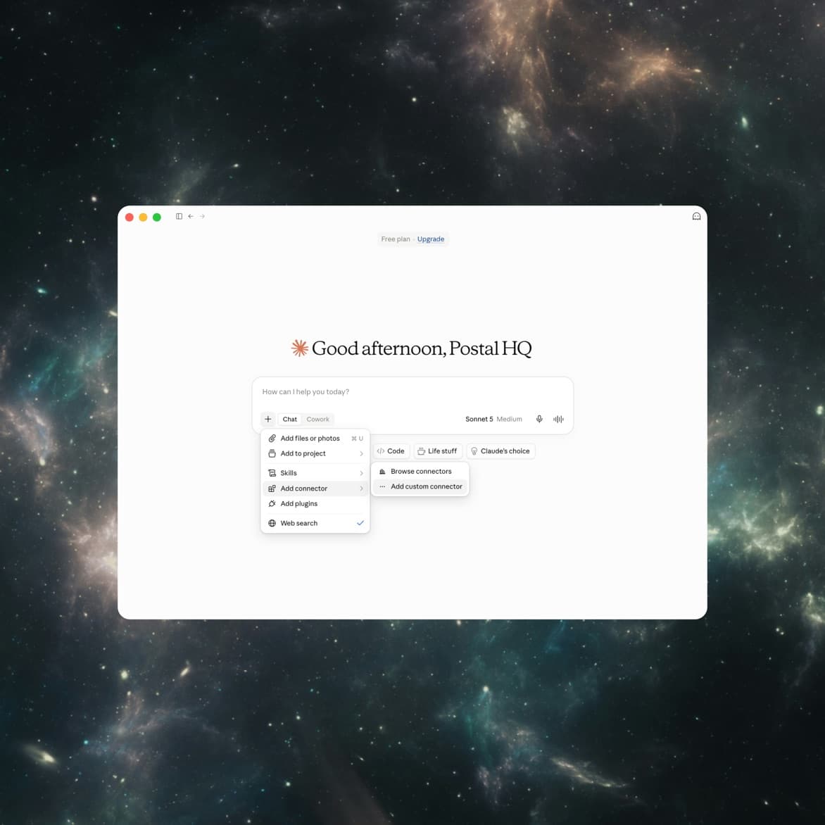 The Claude chat menu with Add custom connector highlighted