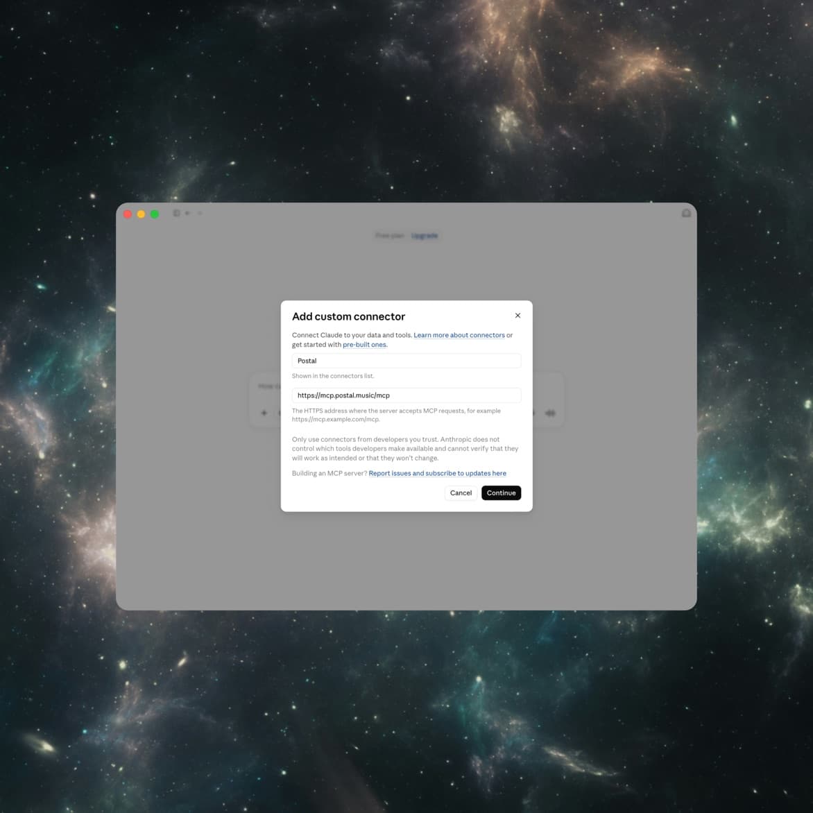 The Claude custom connector form with the name and server URL filled in