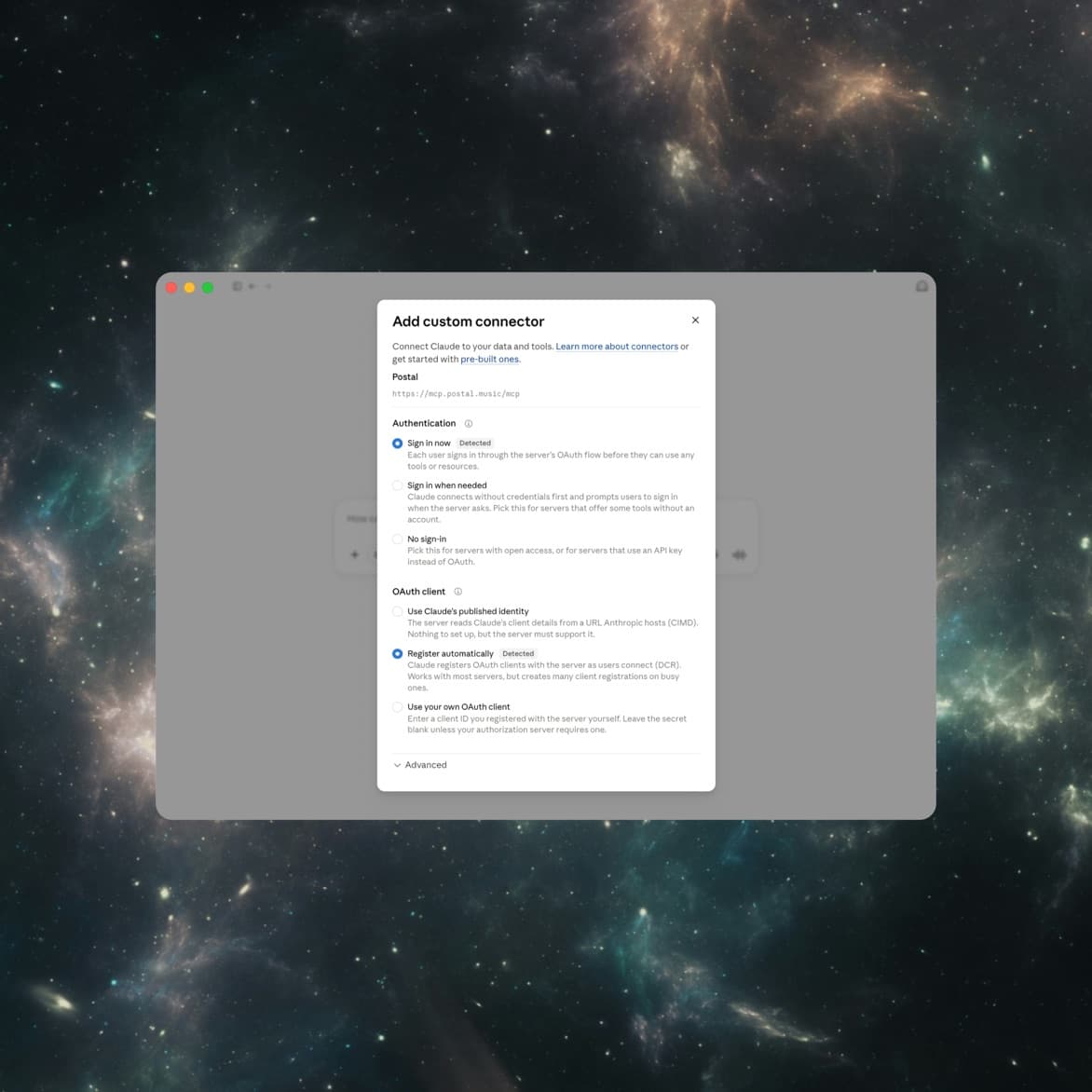 The Claude connector settings with authentication detected automatically
