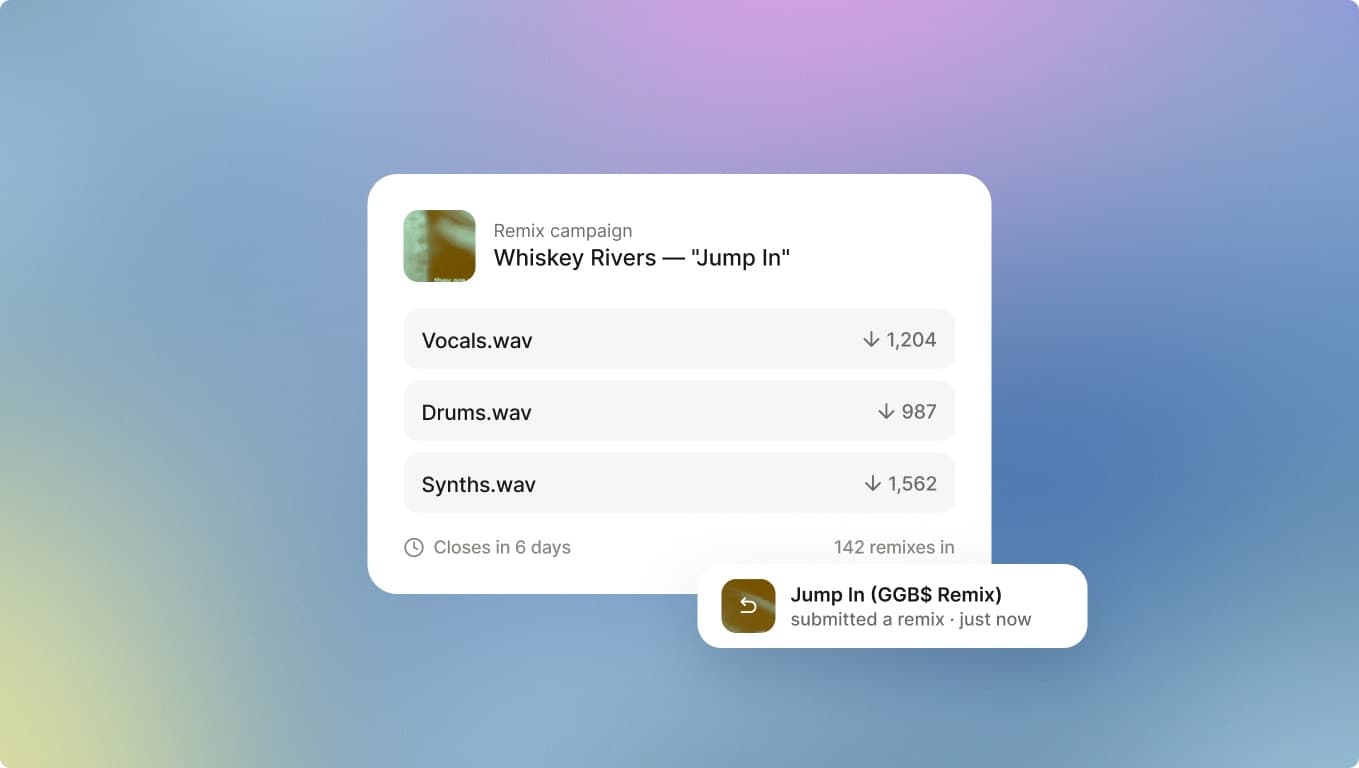 A remix campaign page with stems going out and remixes coming back
