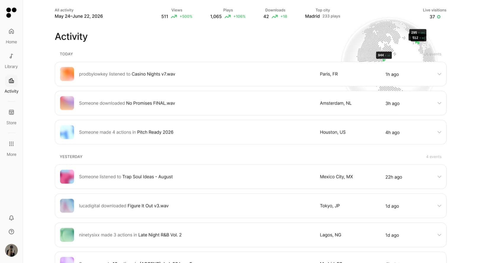 The redesigned activity page with a live globe and stats