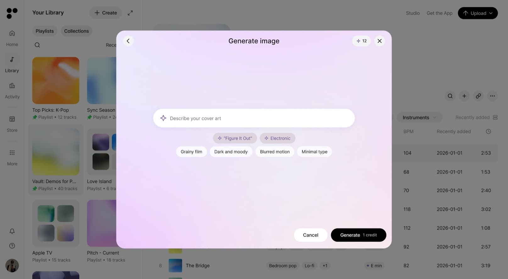 The cover art generation dialog with style suggestions