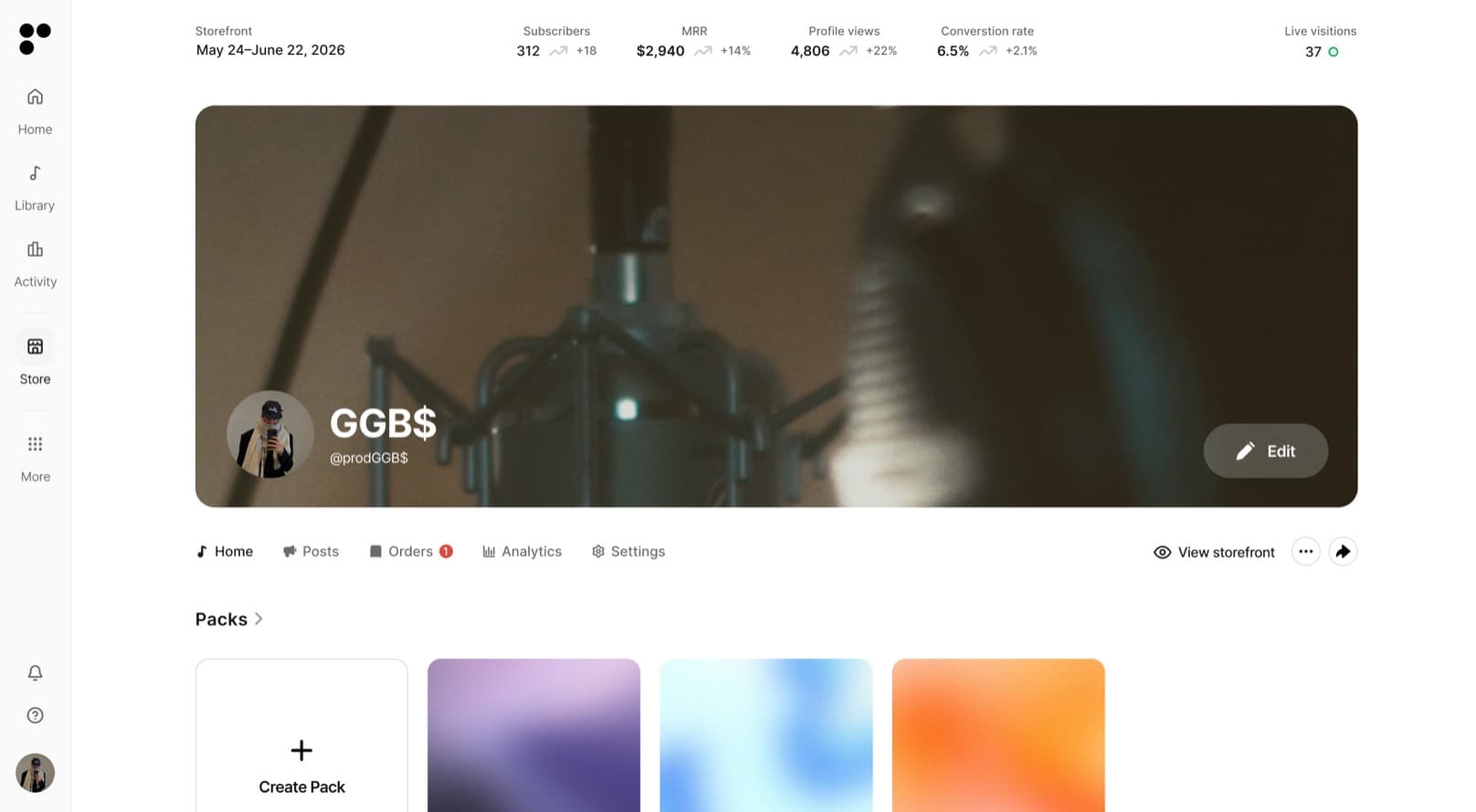 A public storefront page with packs and services
